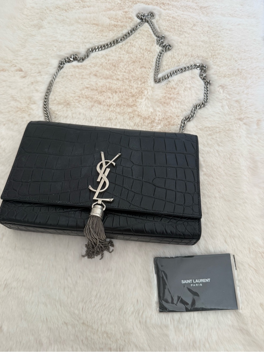 Saint Laurent calfskin crocodile embossed medium classi monogram Kate tassel bag